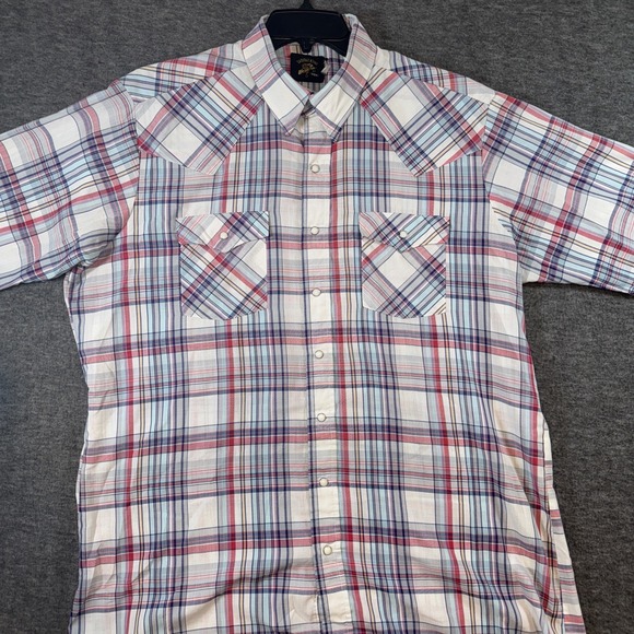 Vintage Saddleking Western Pearl Snap Red Blue Plaid Short Sleeve Shirt Sz XXL - Picture 2 of 7